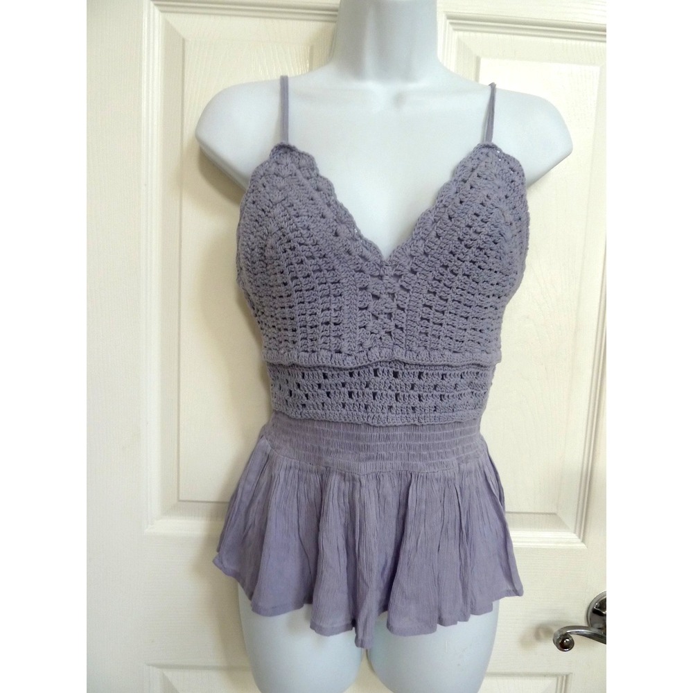 Rebellion Again Lavender Crochet Smocked Babydoll Flare Top Small NWT